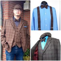 Maßanfertigung - Herrensakko, Weste, Hosenträger, Mütze und Fliege aus englischem Tweed